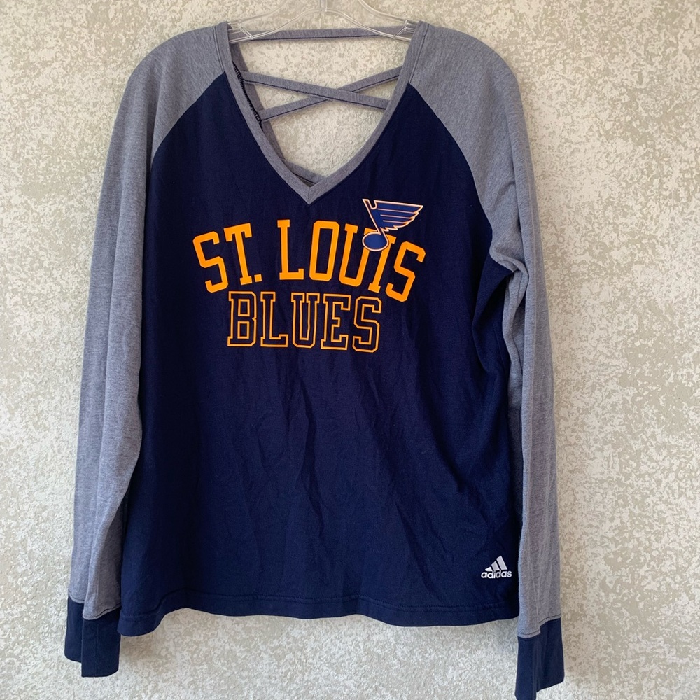 adidas Navy & Gray St. Louis Blues Long Sleeve V-Neck Womens XL NHL Hockey